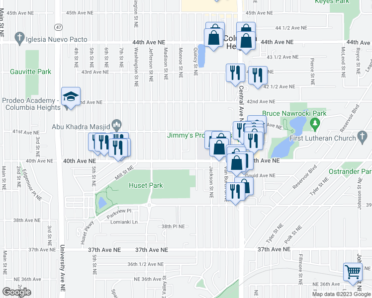 map of restaurants, bars, coffee shops, grocery stores, and more near 4037 Monroe Street Northeast in Minneapolis