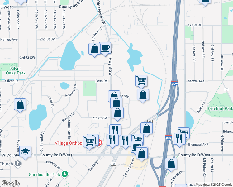 map of restaurants, bars, coffee shops, grocery stores, and more near 710 5th Street Southwest in New Brighton