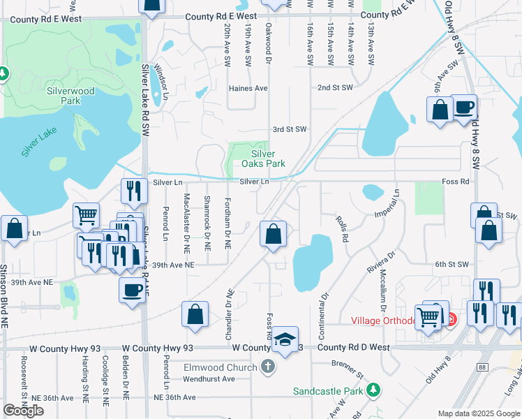map of restaurants, bars, coffee shops, grocery stores, and more near 3428 Silver Lane in Minneapolis