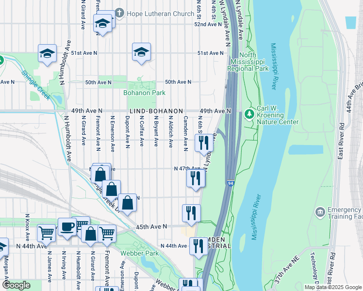 map of restaurants, bars, coffee shops, grocery stores, and more near 4759 Camden Avenue North in Minneapolis