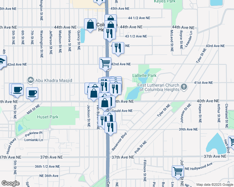 map of restaurants, bars, coffee shops, grocery stores, and more near 4041 Central Avenue Northeast in Columbia Heights