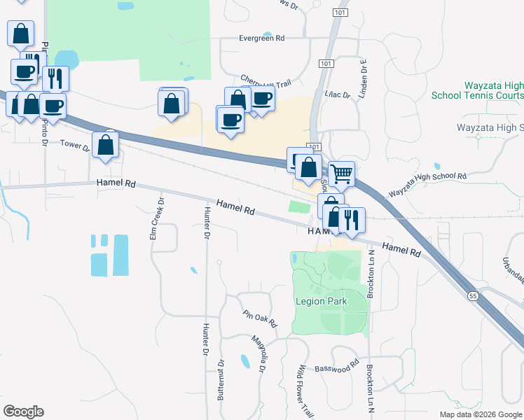 map of restaurants, bars, coffee shops, grocery stores, and more near 272 Hamel Road in Medina