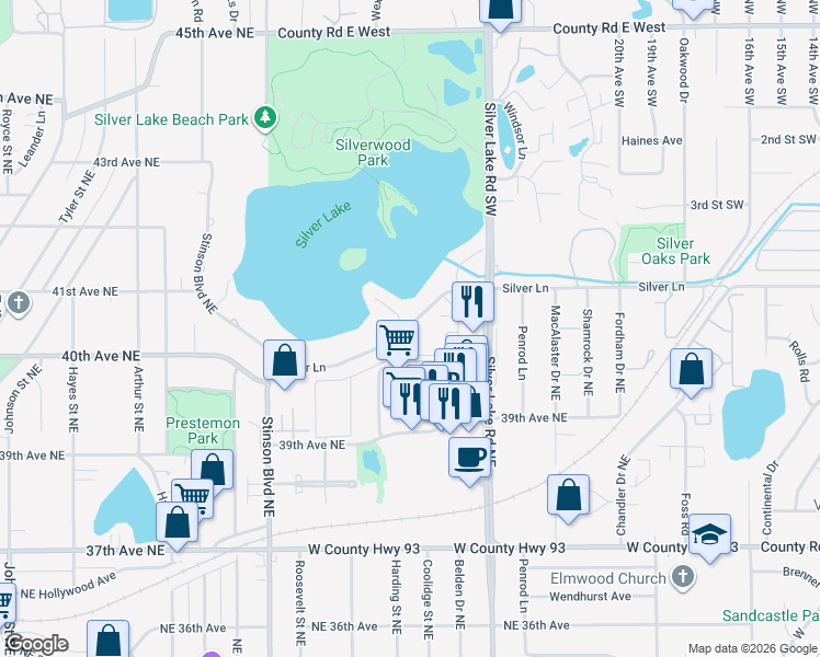 map of restaurants, bars, coffee shops, grocery stores, and more near 4016 Silver Lake Terrace Northeast in Minneapolis