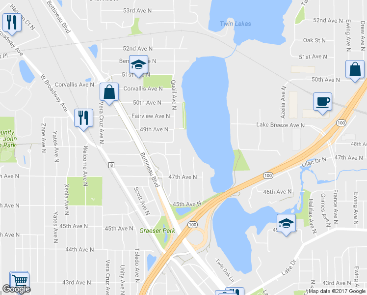 map of restaurants, bars, coffee shops, grocery stores, and more near 4808 Quail Avenue North in Minneapolis