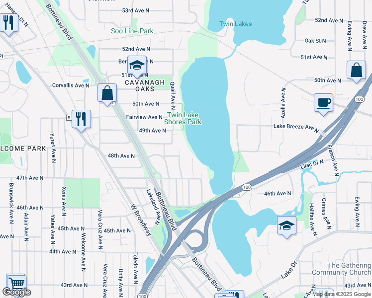 map of restaurants, bars, coffee shops, grocery stores, and more near 4808 Quail Avenue North in Minneapolis