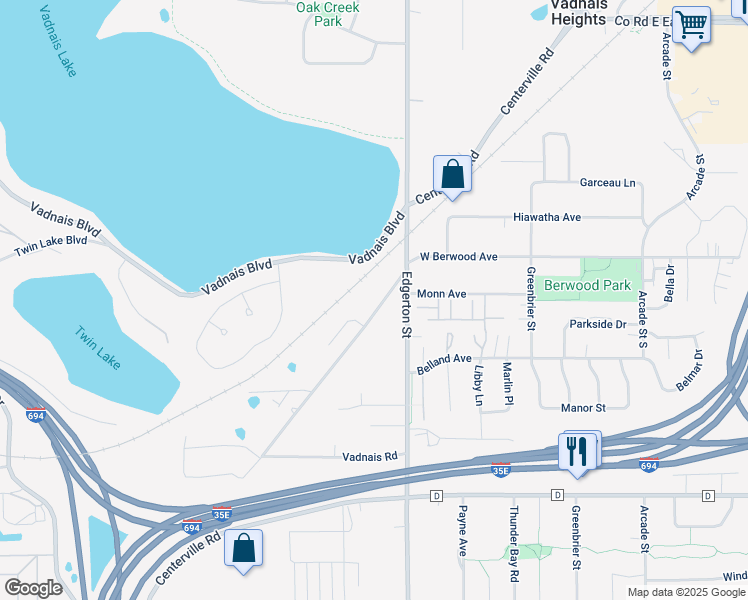 map of restaurants, bars, coffee shops, grocery stores, and more near 3315 Centerville Road in Vadnais Heights
