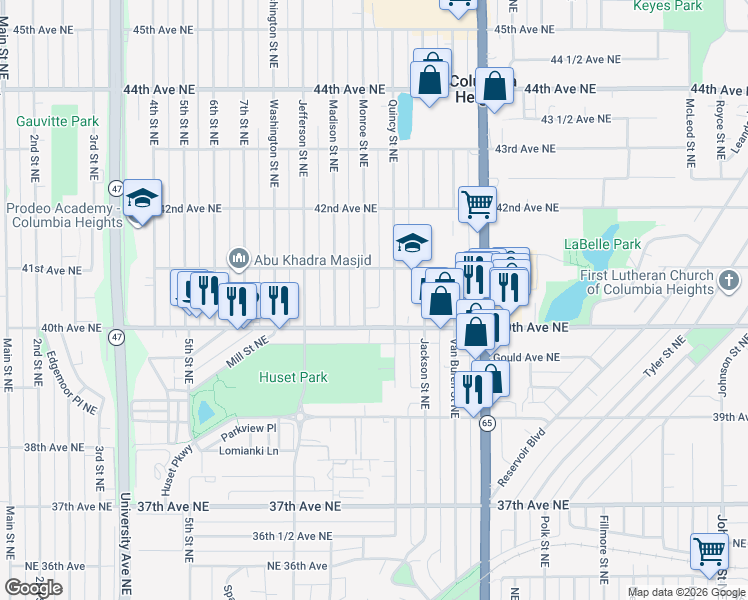 map of restaurants, bars, coffee shops, grocery stores, and more near 4037 Monroe Street Northeast in Minneapolis