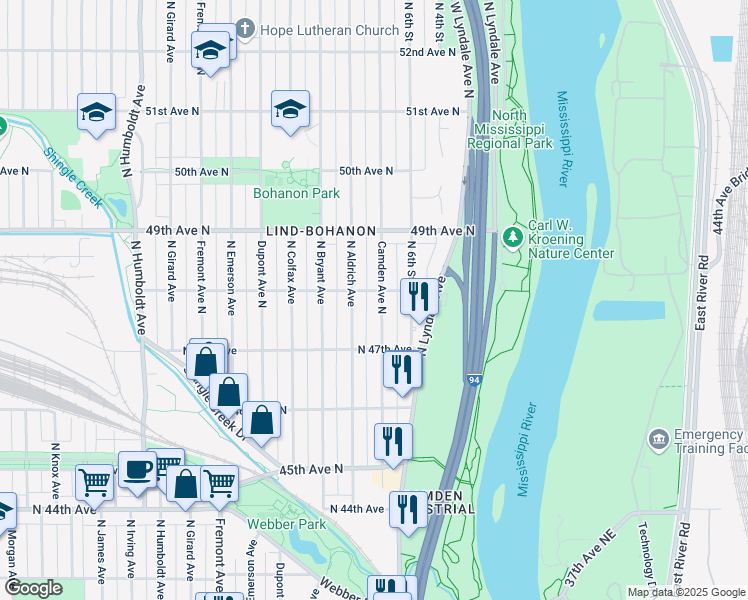map of restaurants, bars, coffee shops, grocery stores, and more near 4759 Camden Avenue North in Minneapolis