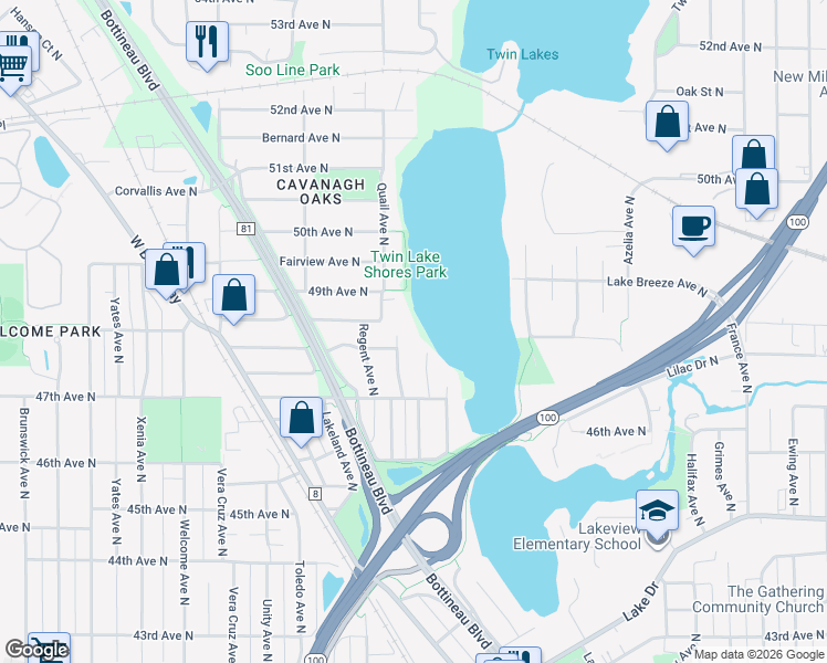 map of restaurants, bars, coffee shops, grocery stores, and more near 4808 Quail Avenue North in Minneapolis