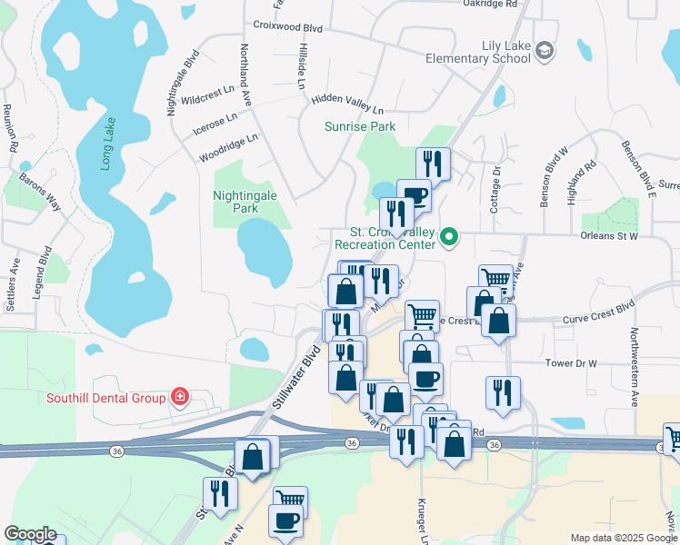 map of restaurants, bars, coffee shops, grocery stores, and more near 1153 Parkwood Lane in Stillwater