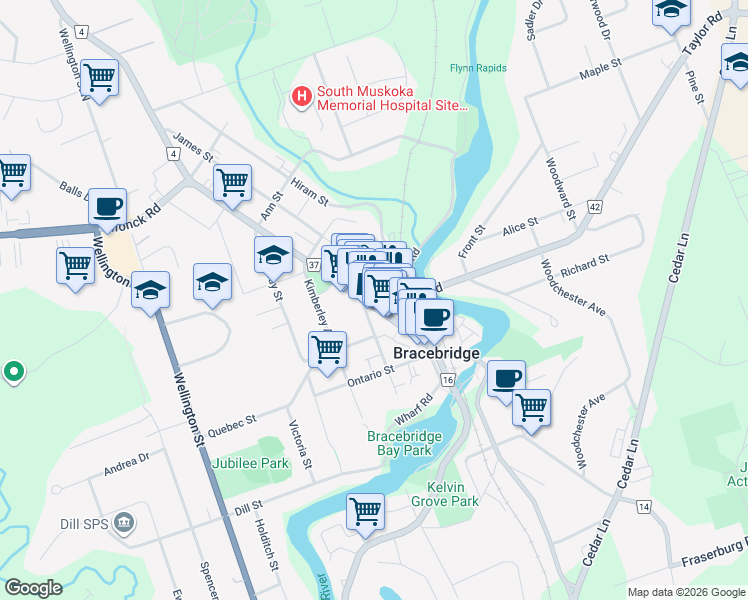 map of restaurants, bars, coffee shops, grocery stores, and more near 75 Manitoba Street in Bracebridge