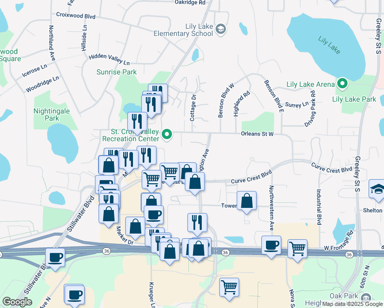 map of restaurants, bars, coffee shops, grocery stores, and more near 1650 Washington Avenue in Stillwater