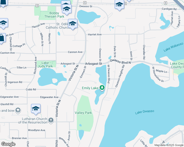 map of restaurants, bars, coffee shops, grocery stores, and more near 3320 Emmert Street in Shoreview