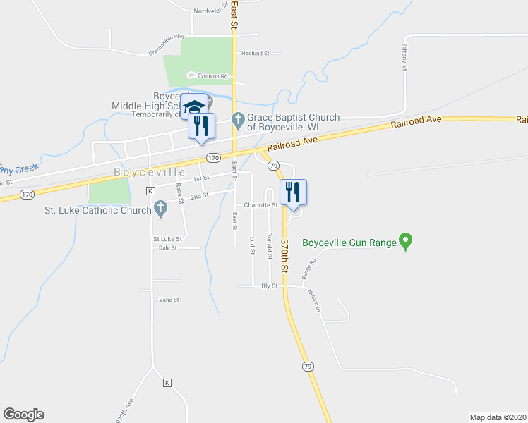 map of restaurants, bars, coffee shops, grocery stores, and more near 906 Donald Street in Boyceville