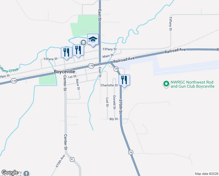 map of restaurants, bars, coffee shops, grocery stores, and more near 906 Donald Street in Boyceville