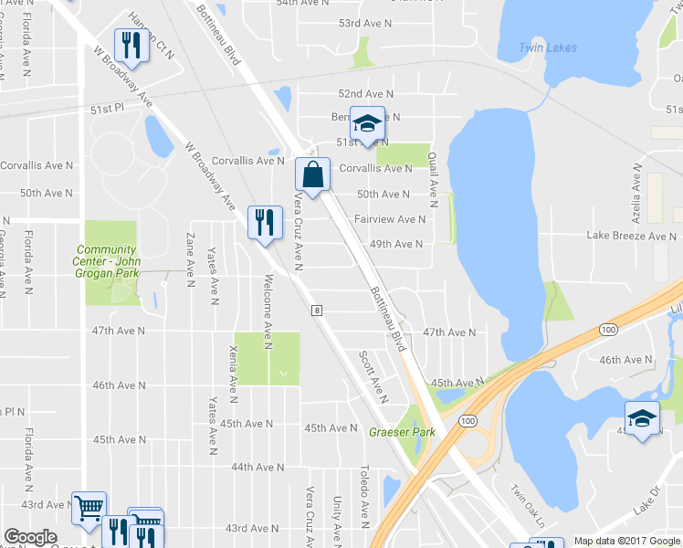 map of restaurants, bars, coffee shops, grocery stores, and more near 5309 Lakeside Avenue North in Minneapolis
