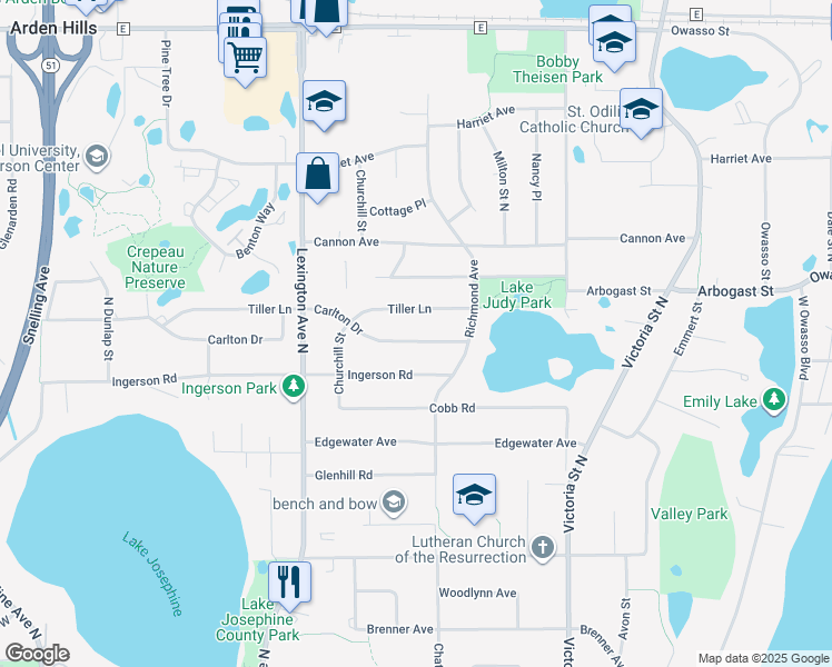 map of restaurants, bars, coffee shops, grocery stores, and more near 997 Carlton Drive in Shoreview