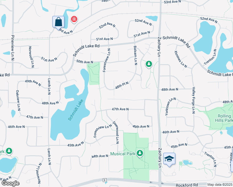 map of restaurants, bars, coffee shops, grocery stores, and more near 4840 Evergreen Lane North in Plymouth