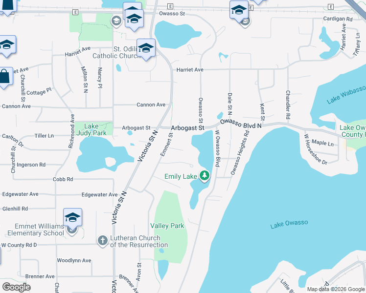 map of restaurants, bars, coffee shops, grocery stores, and more near 3320 Emmert Street in Shoreview