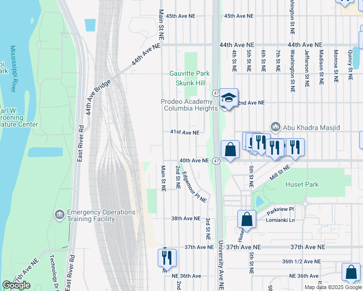 map of restaurants, bars, coffee shops, grocery stores, and more near 4050 Maureen Drive Northeast in Columbia Heights