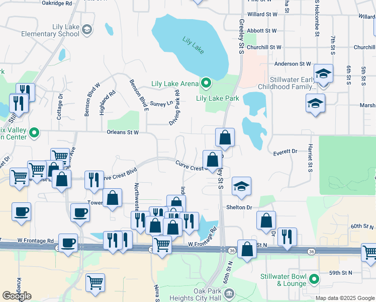 map of restaurants, bars, coffee shops, grocery stores, and more near 1110 Curve Crest Boulevard in Stillwater