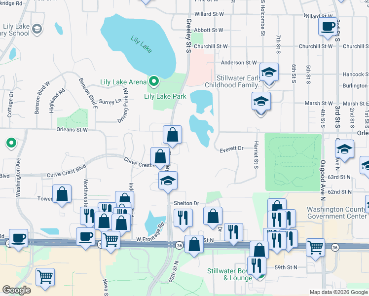 map of restaurants, bars, coffee shops, grocery stores, and more near 1635 Greeley Street South in Stillwater