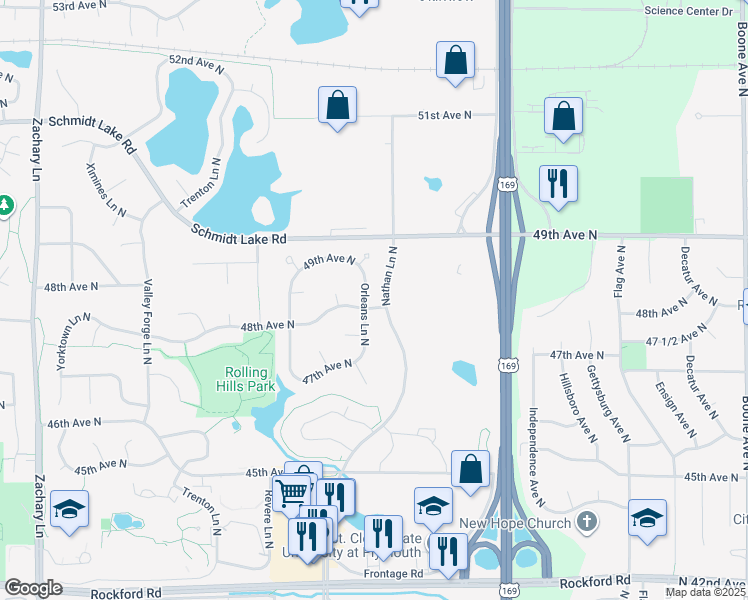 map of restaurants, bars, coffee shops, grocery stores, and more near 4820 Orleans Lane North in Plymouth