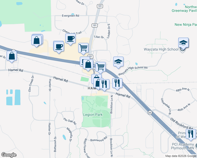map of restaurants, bars, coffee shops, grocery stores, and more near 3502 Sioux Drive in Medina