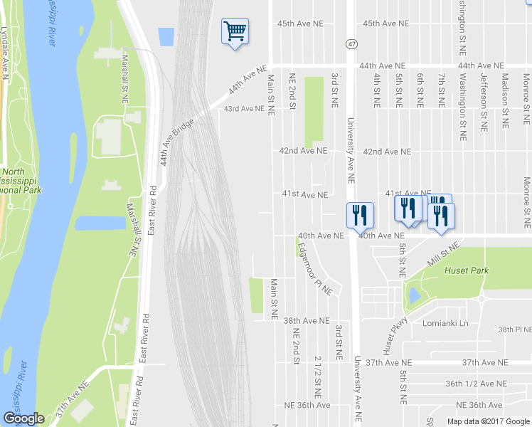 map of restaurants, bars, coffee shops, grocery stores, and more near 0 40 1/2 Street Northeast in Fridley