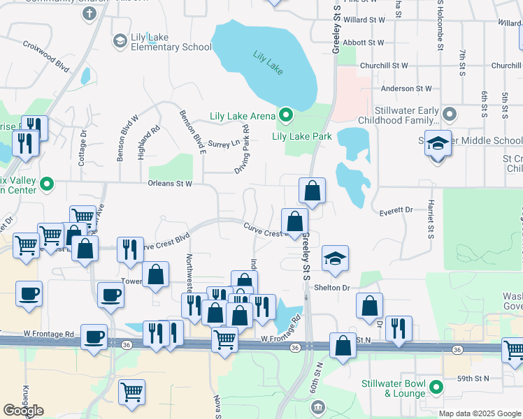 map of restaurants, bars, coffee shops, grocery stores, and more near 1110 Curve Crest Boulevard in Stillwater