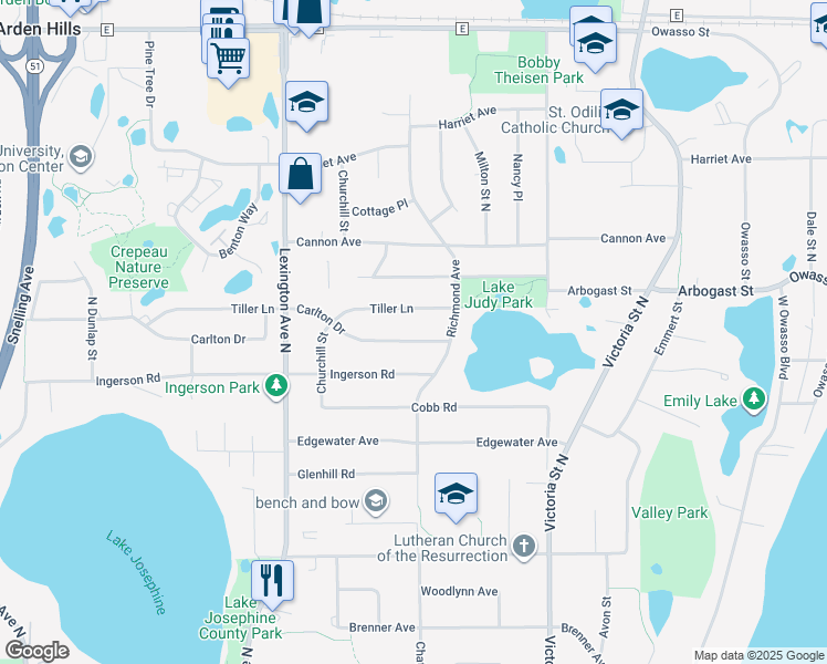 map of restaurants, bars, coffee shops, grocery stores, and more near 997 Carlton Drive in Shoreview