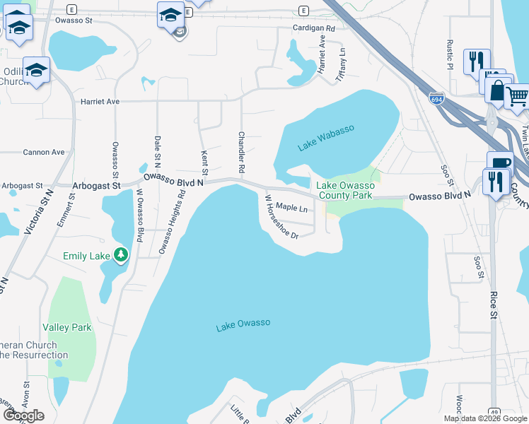 map of restaurants, bars, coffee shops, grocery stores, and more near 454 West Horseshoe Drive in Shoreview