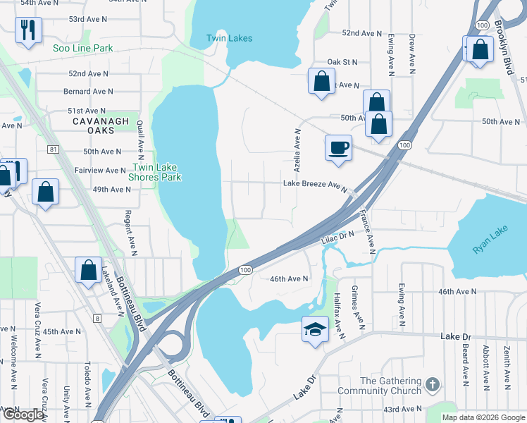 map of restaurants, bars, coffee shops, grocery stores, and more near 4704 Lakeview Avenue North in Brooklyn Center