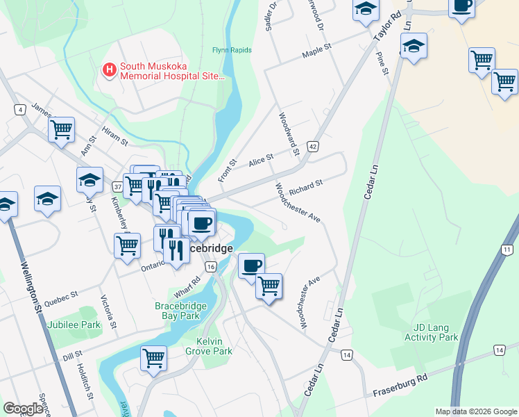 map of restaurants, bars, coffee shops, grocery stores, and more near 74 Richard Street in Bracebridge