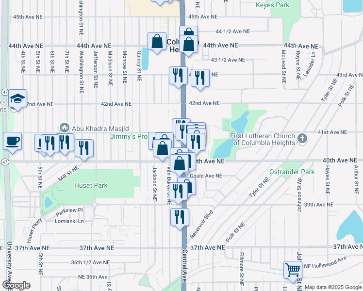 map of restaurants, bars, coffee shops, grocery stores, and more near 4030 Minnesota 65 in Columbia Heights