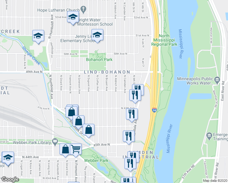 map of restaurants, bars, coffee shops, grocery stores, and more near 4757 Aldrich Avenue North in Minneapolis