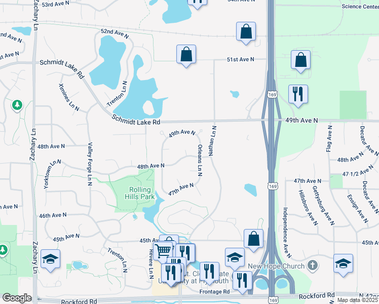 map of restaurants, bars, coffee shops, grocery stores, and more near 4820 Pilgrim Lane North in Plymouth