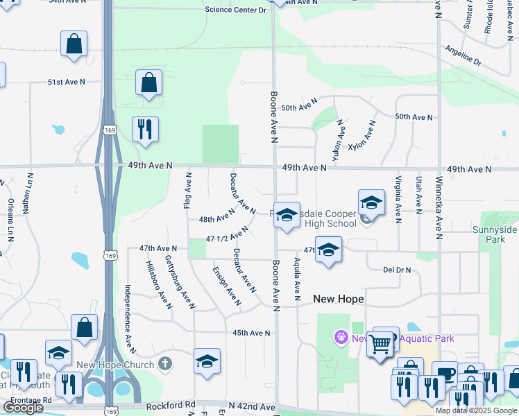 map of restaurants, bars, coffee shops, grocery stores, and more near 4762 Decatur Avenue North in Minneapolis
