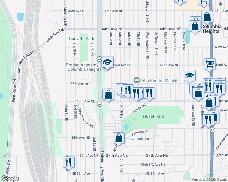 map of restaurants, bars, coffee shops, grocery stores, and more near 4033 4th Street Northeast in Minneapolis