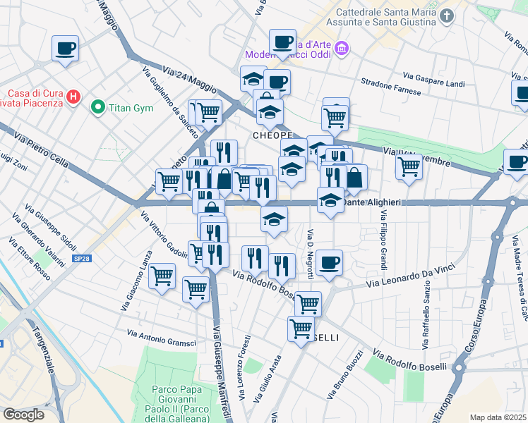 map of restaurants, bars, coffee shops, grocery stores, and more near 1 Via Francesco Durante in Piacenza