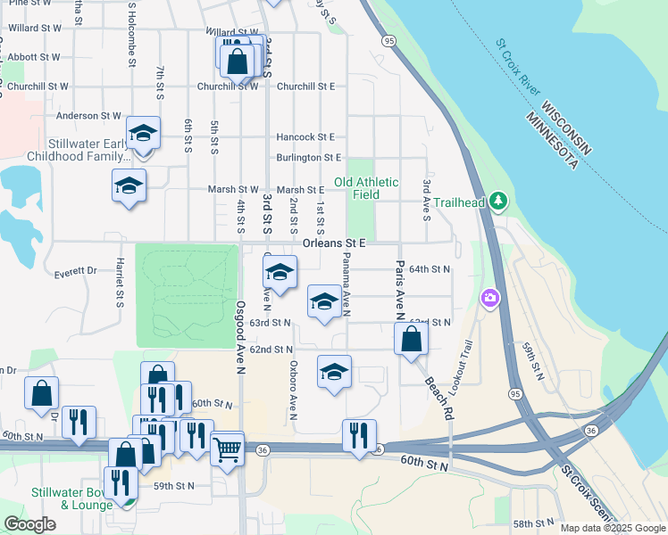 map of restaurants, bars, coffee shops, grocery stores, and more near 6440 Ozark Avenue North in Stillwater