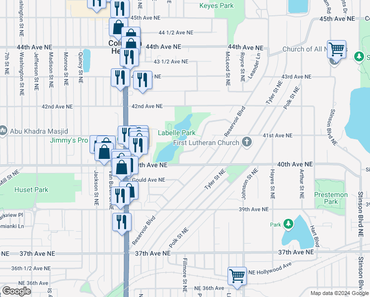 map of restaurants, bars, coffee shops, grocery stores, and more near 1231 Circle Terrace Boulevard Northeast in Minneapolis