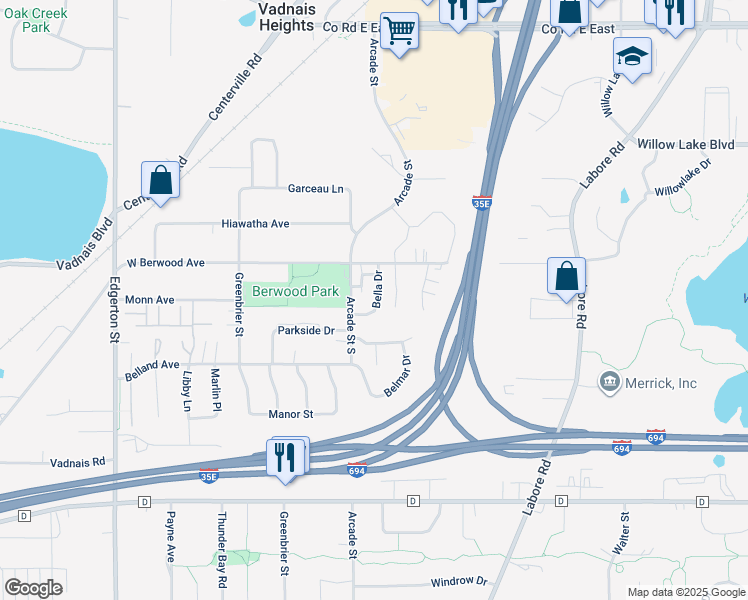 map of restaurants, bars, coffee shops, grocery stores, and more near 837 Bella Drive in Saint Paul