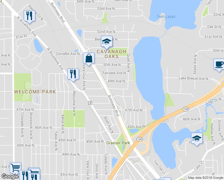 map of restaurants, bars, coffee shops, grocery stores, and more near 4810 Lakeland Avenue North in Minneapolis