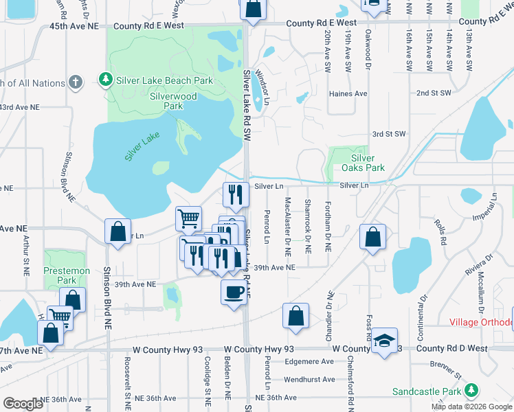 map of restaurants, bars, coffee shops, grocery stores, and more near 4017 Silver Lake Road Northeast in Minneapolis