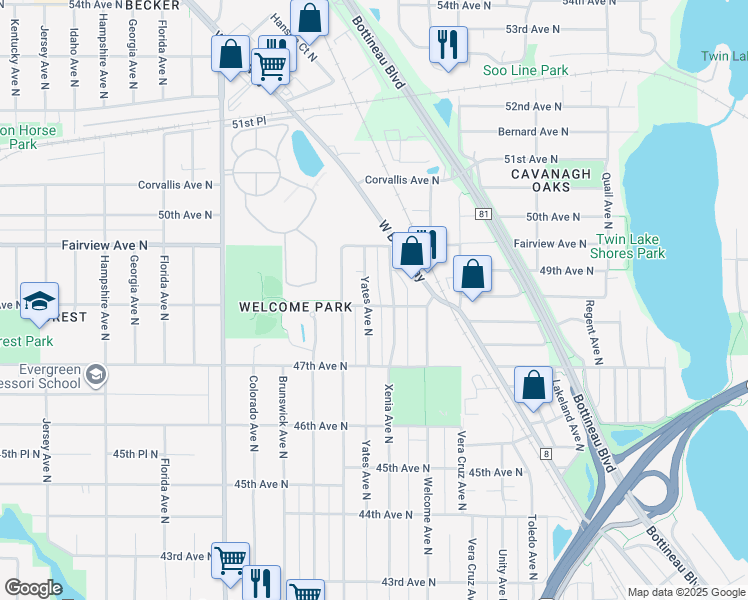 map of restaurants, bars, coffee shops, grocery stores, and more near 4800 Yates Avenue North in Minneapolis