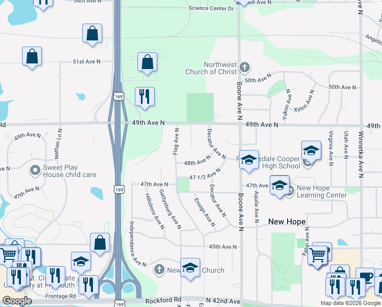map of restaurants, bars, coffee shops, grocery stores, and more near 4817 Ensign Avenue North in Minneapolis