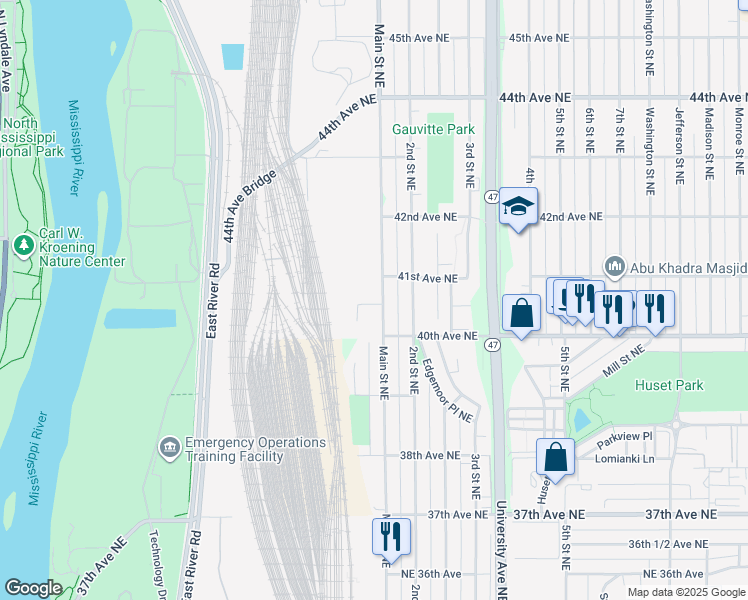 map of restaurants, bars, coffee shops, grocery stores, and more near 4036 Main Street Northeast in Fridley