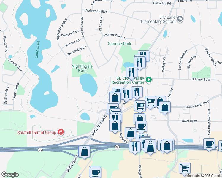 map of restaurants, bars, coffee shops, grocery stores, and more near 1153 Parkwood Ln in Stillwater