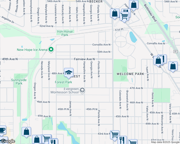 map of restaurants, bars, coffee shops, grocery stores, and more near 4801 Georgia Avenue North in Minneapolis